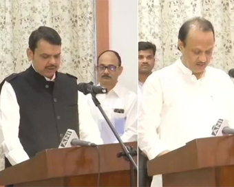  Fadnavis sworn-in as Maharashtra CM, Ajit Pawar as Dy CM