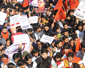  New Delhi: Members of Akhil Bharatiya Vidyarthi Parishad (ABVP) participate in a march supporting the Citizenship Amendment Act (CAA) 2019 and denouncing JNU violence, at Delhi University on Jan 11, 2020. (Photo: IANS)