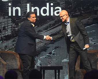 Mukesh Ambani with Satya Nadella (file photo)