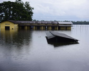 Bagori: A view of flood hit Bagori near Kaziranga National Park in Assam on July 15, 2019. (Photo: IANS)