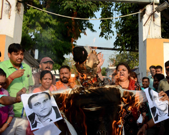 Patna: BJP workers burn an effigy of Samajwadi Party leader Mohd Azam Khan after the leader made objectionable remarks against Jaya Prada, the actor-turned-politician who is contesting from Rampur against Khan on a BJP ticket; in Patna on April 15, 2