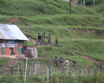 Baramulla: Security personnel during cordon and search operations in the forest area of Rafiabad in Jammu and Kashmir