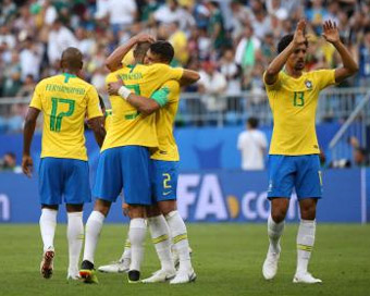 Players of Brazil celebrate victory after the 2018 FIFA World Cup round of 16 match between Brazil and Mexico in Samara, Russia, July 2, 2018. Brazil won 2-0 and advanced to the quarter-final.