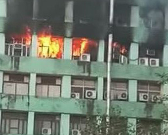 New Delhi: A fire that broke out on the fifth floor of the Pandit Deendayal Antyodaya Bhawan at the CGO complex, in New Delhi, on March 6, 2019. The blaze was first noticed at around 8.30 a.m., several fire tenders were rushed to the spot. (Photo: IA