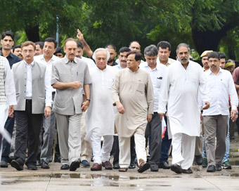 New Delhi: A Congress delegation led by Ghulam Nabi Azad, Jairam Ramesh, Shakeel Ahmad and Anand Sharma arrive at CVC to submit a memorandum asserting that the deal announced by Prime Minister Narendra Modi was at an "escalated price of about 300 pe