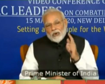 New Delhi: Prime Minister Narendra Modi interacts with the leaders of SAARC nations on combating COVID-19 (Coronavirus) pandemic, via video conferencing in New Delhi on March 15, 2020. (Photo: IANS/PIB)