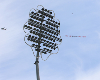  Leeds: A low flying airplane tows a large aerial banner reading "India Stop Genocide & Free Kashmir" in the skies above the Headingley Stadium where the 44th match of World Cup 2019 between India and Sri Lanka is underway in Leeds, England on July