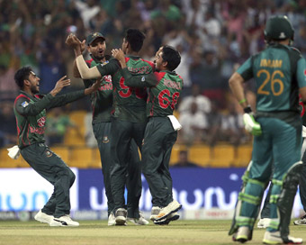 Abu Dhabi: Bangladeshi players celebrate the dismissal of Pakistan