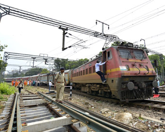 New Delhi: A view of the Rajdhani Express, two coaches of which derailed near Minto Bridge station in New Delhi.