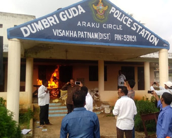 Visakhapatnam: Furniture set on fire by relatives and supporters of a slain sitting TDP legislator and a former state lawmaker at Dumbriguda police station in Visakhapatnam district of Andhra Pradesh.