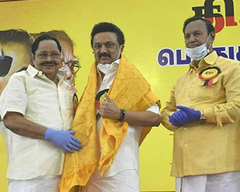 DMK President M.K. Stalin with newly-elected general secretary Duraimurugan and treasurer T. R. Baalu 