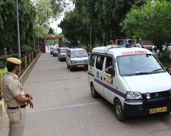 New Delhi: The bodies of the 11 members of a family who were found dead at their two-storey house in Sant Nagar in Burari area; being brought at Nigambodh Ghat for cremation from the Maulana Azad Medical College, in New Delhi.