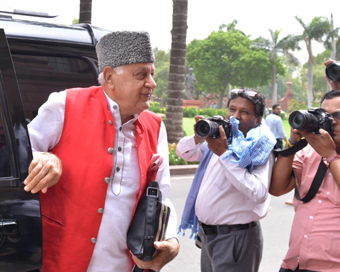 New Delhi: National Conference MP Farooq Abdullah arrives at Parliament, in New Delhi on July 10, 2019. (Photo: Partha Pratim Sarkar/IANS)