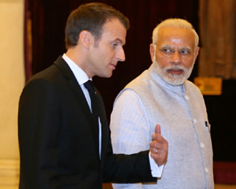 New Delhi: Prime Minister Narendra Modi and French President Emmanuel Macron at Rashtrapati Bhawan in New Delhi, on March 10, 2018. (Photo: IANS/MEA)