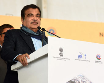 New Delhi: Union Road Transport Minister Nitin Gadkari addresses at the foundation stone laying ceremony of the 6 lane access controlled corridor of NH 709 B, in Delhi on Jan 26, 2019. (Photo: IANS/PIB)