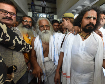 Mahant Nritya Gopal Das leaves after getting bail in Babri Masjid case by special CBI court in Lucknow on May 20, 2017. (Photo: IANS)