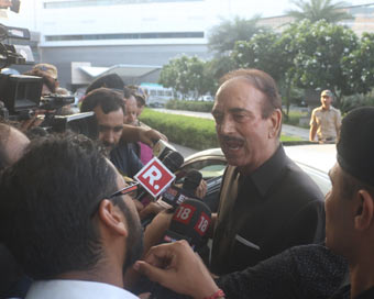 New Delhi: Senior Congress leader Ghulam Nabi Azad talks to the media, at the Indira Gandhi International Airport in New Delhi on Aug 8, 2019. Azad was prevented from leaving the Srinagar airport after he arrived to hold a meeting with Congress leade