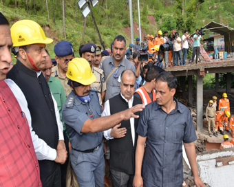 Solan: Himachal Pradesh Chief Minister Jai Ram Thakur visits the site of a building collapse, to monitor the rescue operations, at Kumarhatti in Solan district on July 15, 2019. Eleven soldiers and a civilian were killed and 28 others rescued after a