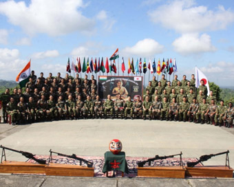 Vairengte: The armies of India and Japan after the completion of their joint military exercise, Dharma Guardian -- 2018, at Counter Insurgency and Jungle Warfare School (CIJWS) in Vairengte, Mizoram on Nov 14, 2018. (Photo: IANS)