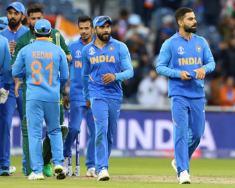  Manchester: Indian skipper Virat Kohli celebrates along with teammates after winning the 22nd match of 2019 World Cup between against Pakistan at Old Trafford in Manchester, England on June 16, 2019. India won by 89 runs (D/L method). (Photo: Surjee