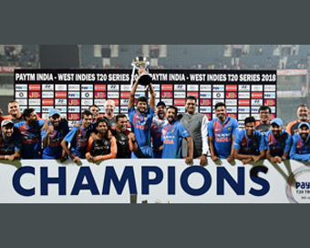 Chennai:  Indian cricket team jubilates with the winning trophy after winning the 3rd and final T20 cricket match against West Indies to win the series, 3-0 in Chennai.