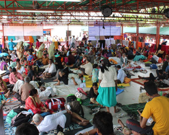 Jammu: Stranded pilgrims at Bhagwati Nagar Yatri Niwasbase camp as the annual Amarnath Yatra remained suspended due to incessant rains across Jammu and Kashmir; in Jammu.