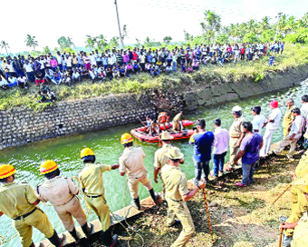 Mandya: Rescue operation underway after a bus that skidded off the bridge and fell into the Cauvery river canal at Kanaganamaradi village near Pandavapura town in Karnataka