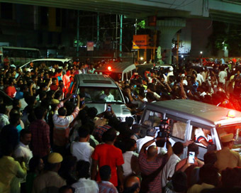Chennai: Supporters wait as DMK leaders reach Kauvery hospital where party chief M Karunanidhi was admitted in Chennai on July 28, 2018.
