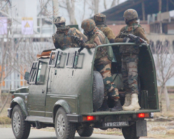 Sopore: Soldiers at the site of a gunfight that started between security forces and militants in Jammu and Kashmir