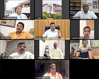 Delhi Chief Minister Arvind Kejriwal holding video conference