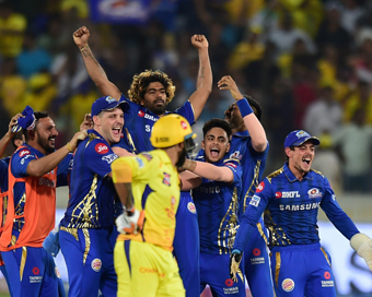 Hyderabad: Mumbai Indians (MI) player Keiron Pollard lifts Lasith Malinga on his shoulders as they celebrate their win over Chennai Super Kings (CSK) at the Indian Premier League 2019 final cricket match at Rajiv Gandhi International Cricket Stadium 