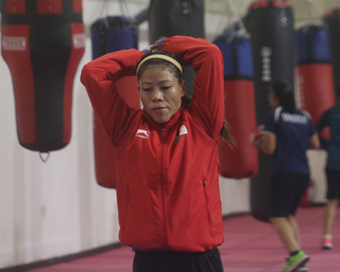 New Delhi: Indian Boxer MC Mary Kom at a practice session during the ongoing 10th AIBA Women