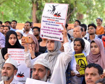 New Delhi: People participate in a candle light protest march against the lynching of Tabrez Ansari, at Jantar Mantar in New Delhi on June 26, 2019. Tabrez Ansari (22), died in a hospital, days after he was brutally thrashed by a mob at Dhatkidih vil