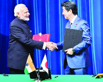 Tokyo: Prime Minister Narendra Modi and Japanese Prime Minister Shinzo Abe at the ceremony for signing and exchange of agreements in Tokyo, Japan on Oct 29, 2018. (Photo: IANS/PIB)