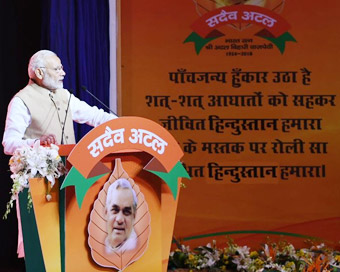 New Delhi: Prime Minister and BJP leader Narendra Modi addresses at party