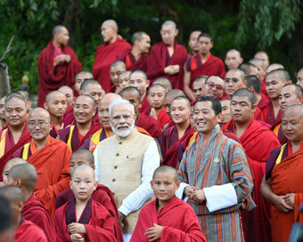 Semtokha: Prime Minister Narendra Modi accompanied by Bhutan Prime Minister Lotay Tshering, meets monks at Simtokha Dzong Monastery in Semtokha, Bhutan on Aug 17, 2019. (Photo: IANS/PIB)