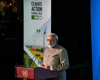 New York: Prime Minister Narendra Modi addresses during the Climate Action Summit 2019 at the 74th session of the UN General Assembly (UNGA 74) at United Nations on Sep 23, 2019. (Photo: IANS/PIB)