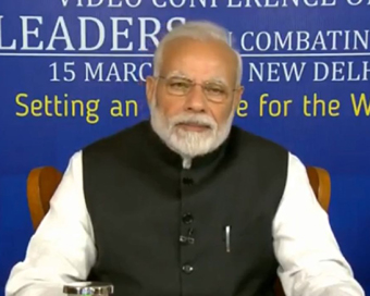 New Delhi: Prime Minister Narendra Modi interacts with the leaders of SAARC nations on combating COVID-19 (Coronavirus) pandemic, via video conferencing in New Delhi on March 15, 2020. (Photo: IANS/PIB)