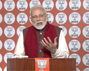 New Delhi: Prime Minister and BJP leader Narendra Modi addresses party workers via NaMo app; in New Delhi.