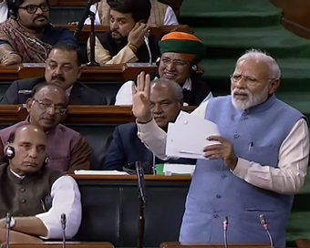 New Delhi: Prime Minister Narendra Modi addresses in Lok Sabha, Parliament House in New Delhi on Feb 13, 2019. (Photo: IANS/LSTV)