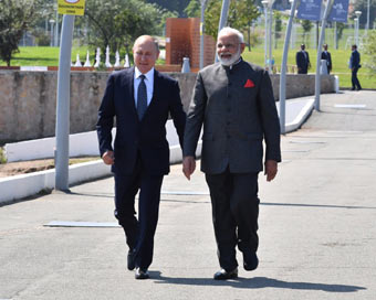 Vladivostok: Prime Minister Narendra Modi meets Russian President Vladimir Putin in Vladivostok, Russia on Sep 4, 2019. (Photo: IANS/MEA)