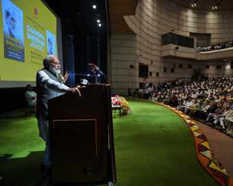 New Delhi: Prime Minister Narendra Modi releases the book "Chandra Shekhar - The Last Icon of Ideological Politics" (Photo: IANS/PIB)