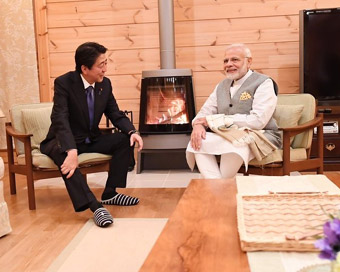 Yamanashi: Japanese Prime Minister Shinzo Abe hosts Prime Minister Narendra Modi at his personal villa near Lake Kawaguchi in Yamanashi, Japan on Oct 28, 2018. (Photo: IANS/MEA)