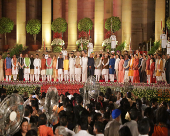 New Delhi: President Ram Nath Kovind, Vice President M Venkaiah Naidu and Prime Minister Narendra Modi with Union cabinet ministers during the swearing-in ceremony at Rashtrapati Bhavan in New Delhi on May 30, 2019. (Photo: Amlan Paliwal/IANS)