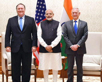 New Delhi: Prime Minister Narendra Modi meets US Secretary of State Mike Pompeo and Defence Secretary James Mattis in New Delhi.