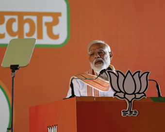 New Delhi: Prime Minister Narendra Modi addresses a public rally at Ramlila Ground in New Delhi, on May 8, 2019. (Photo: IANS)