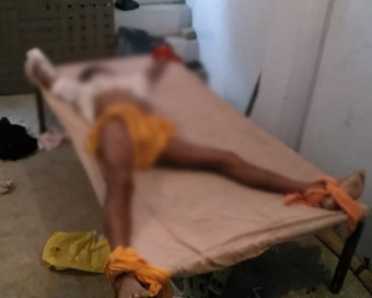 Auraiya: Body of one of the two seers who were hacked to death in the Bhayanaknath temple in Kudarkot area of Bidhoona on the intervening night of Tuesday-Wednesday; in Uttar Pradesh