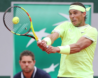 PARIS, June 9, 2019 (Xinhua) -- Rafael Nadal of Spain competes during the men