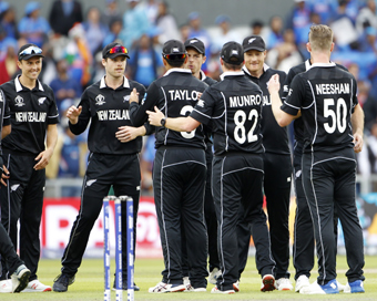 Manchester: New Zealand players celebrate after winning the 1st Semi-final match of 2019 World Cup against India at Old Trafford in Manchester, England.