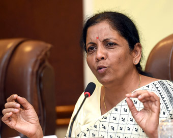 Bengaluru: Defence Minister Nirmala Sitharaman addresses a press conference at Yelahanka Airforce Station in Bengaluru.